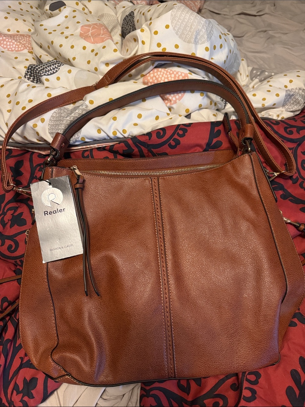 Realer Chestnut Brown Leather Shoulder Bag with Dual Straps